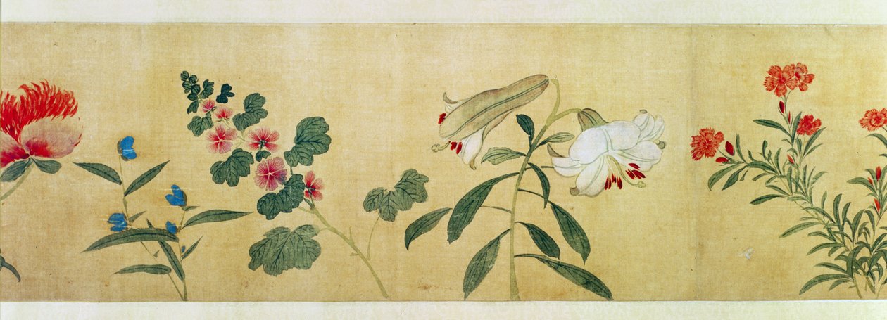 En detalj av blomster fra en håndrull av en "Hundre Flowers", 1562 av Wang Guxiang