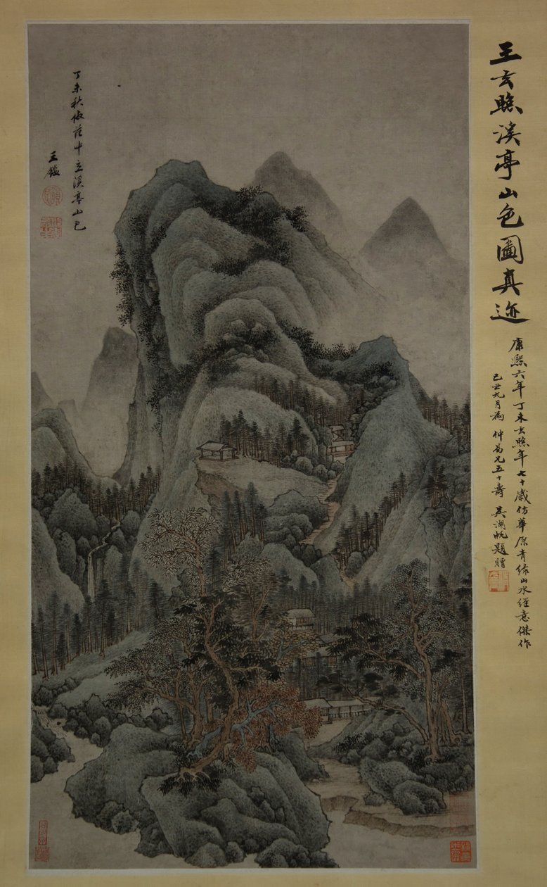 Fjelllandskap med bekker og paviljonger i stil med Fan Kuan, 1667. av Wang Jian