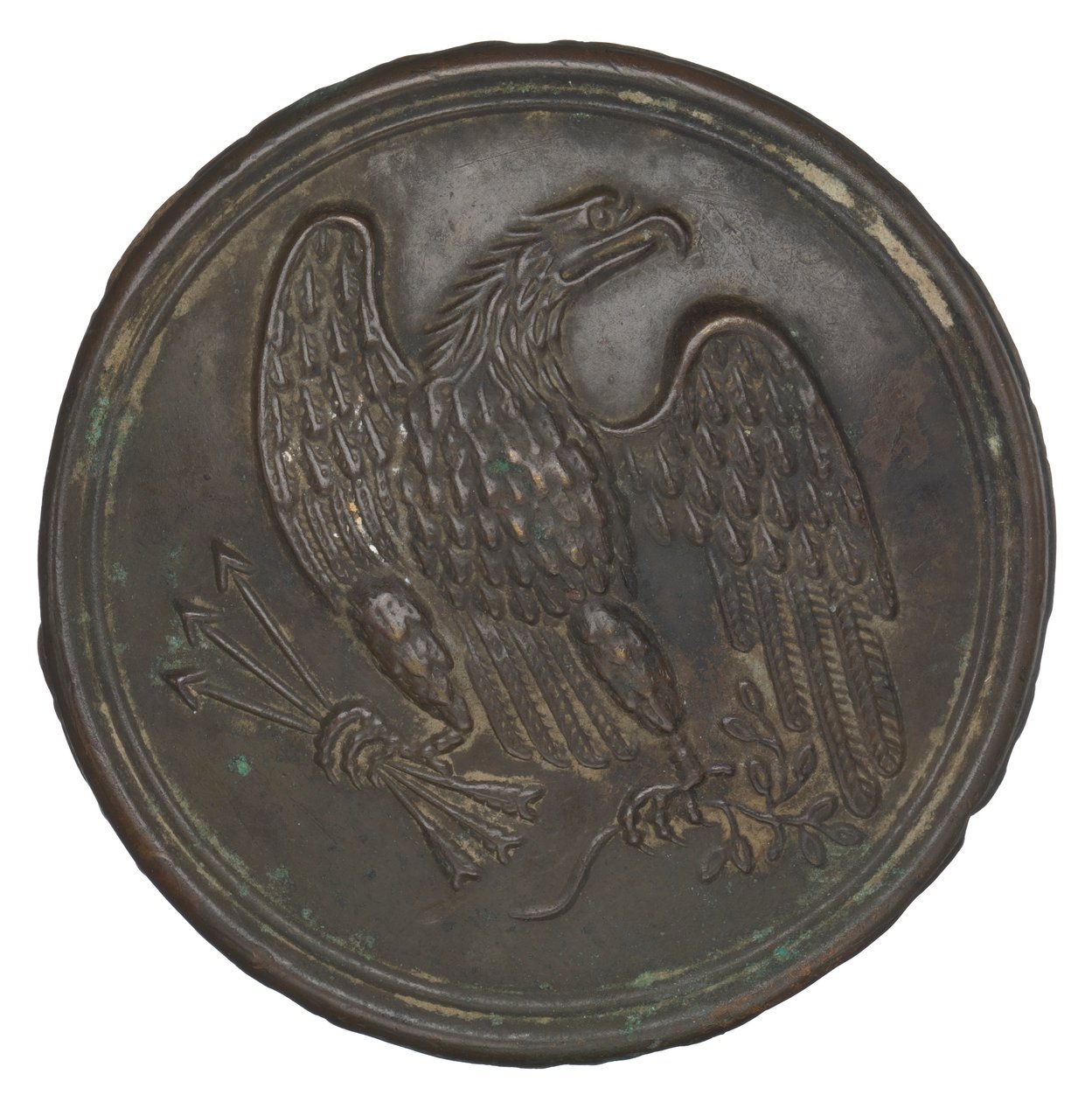 Plate med stemplet ørndesign i messing fra et patronboksbelte, 1862-1865. av Warren H. Wilkinson