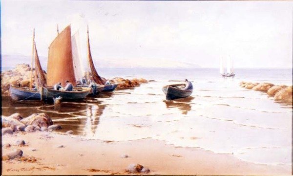 Landing the Catch (muligens Cemaes Bay, Anglesey) (akvarell på papir) av Warren Williams