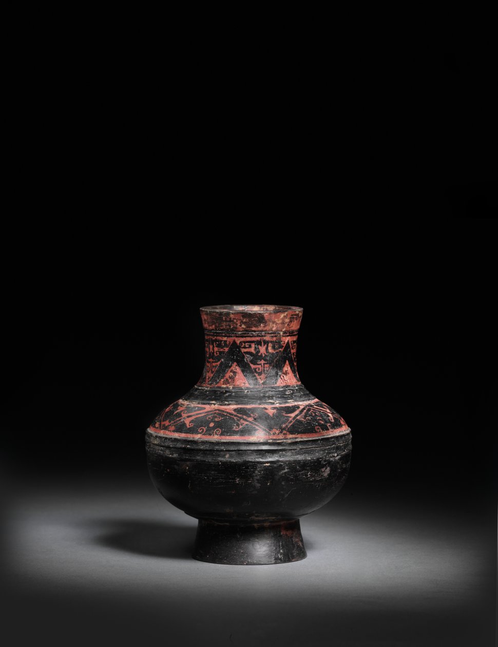 Liten rødmalt svart-lakkert sort keramikkkrukke, Hu, 476-221 f.Kr. av Warring States period Chinese School