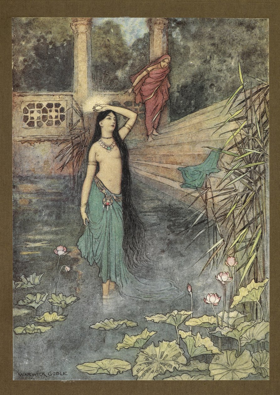 Frontispice: "Hun skyndte seg ut av palasset... og kom til den øvre verden." fra Folk-Tales of Bengal ... Med 32 illustrasjoner i farger av Warwick Goble (Edition de luxe.) av Warwick Goble