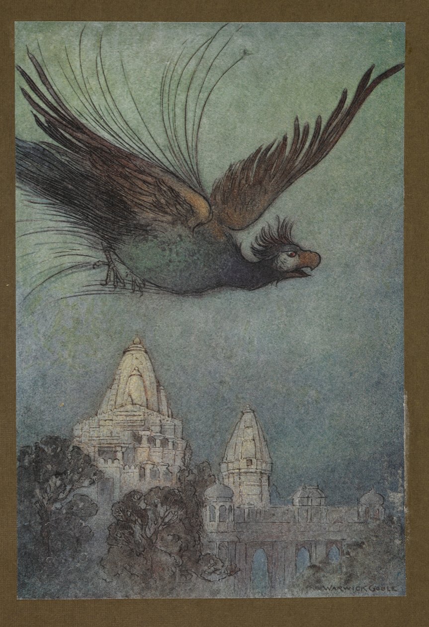 Plate 10: "En monstrøs fugl kommer tilsynelatende ut fra palasset", fra Folk-Tales of Bengal ... Med 32 illustrasjoner i farger av Warwick Goble (Edition de luxe.) 1914 (farge litho) av Warwick Goble