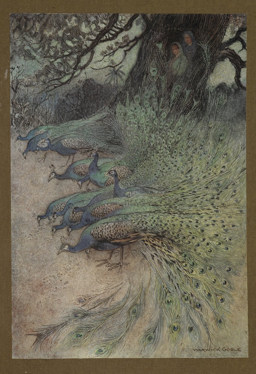 Plate 11: "Hundrevis av påfugler av flotte plumes kom til vollene for å spise khaien", fra Folk-Tales of Bengal ... Med 32 illustrasjoner i farger av Warwick Goble. (Edition de luxe.) av Warwick Goble