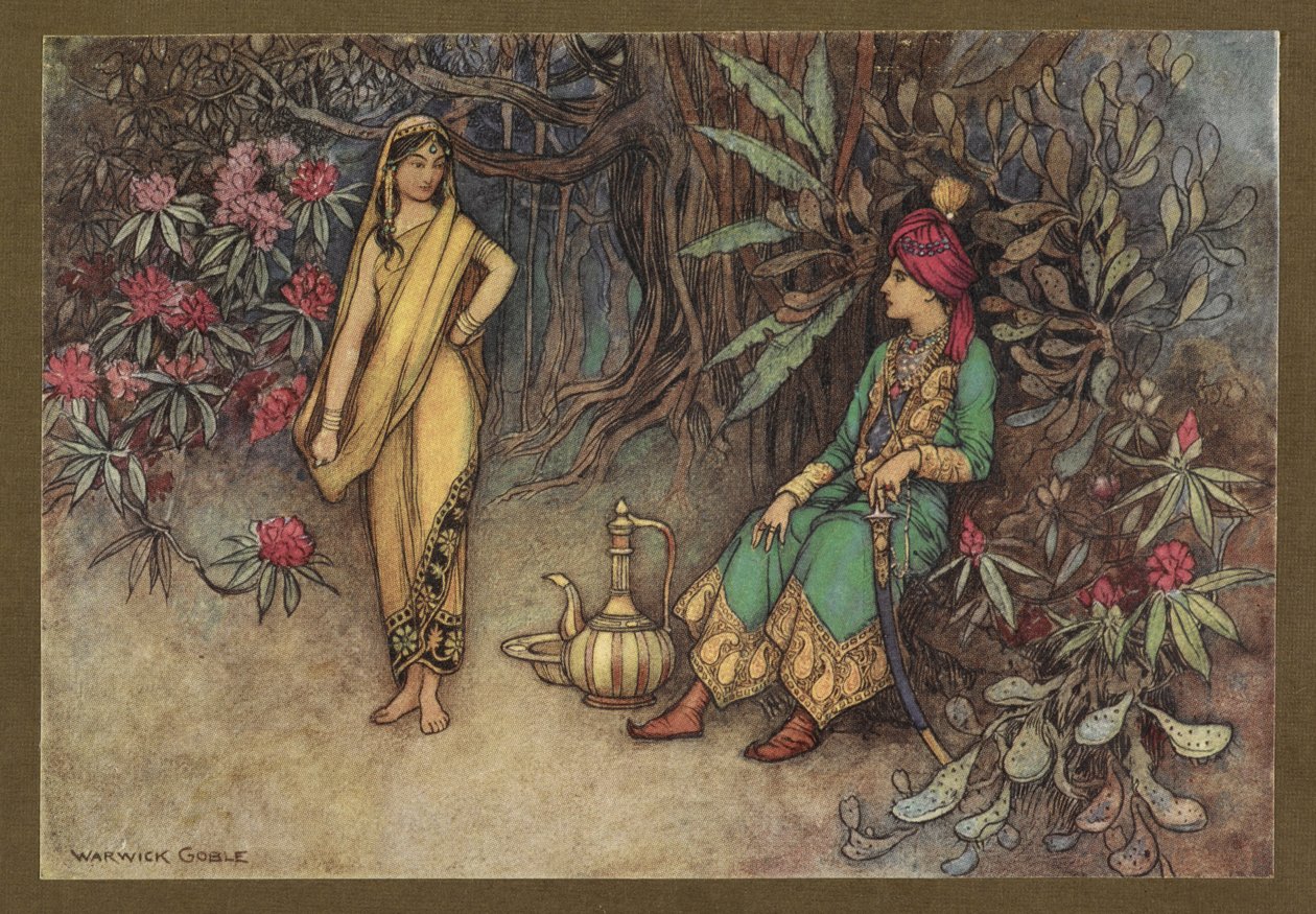 Plate 12: "You would adorn the palace of the mektigste suveren", fra Folk-Tales of Bengal ... Med 32 illustrasjoner i farger av Warwick Goble (Edition de luxe) 1914 (color litho) av Warwick Goble