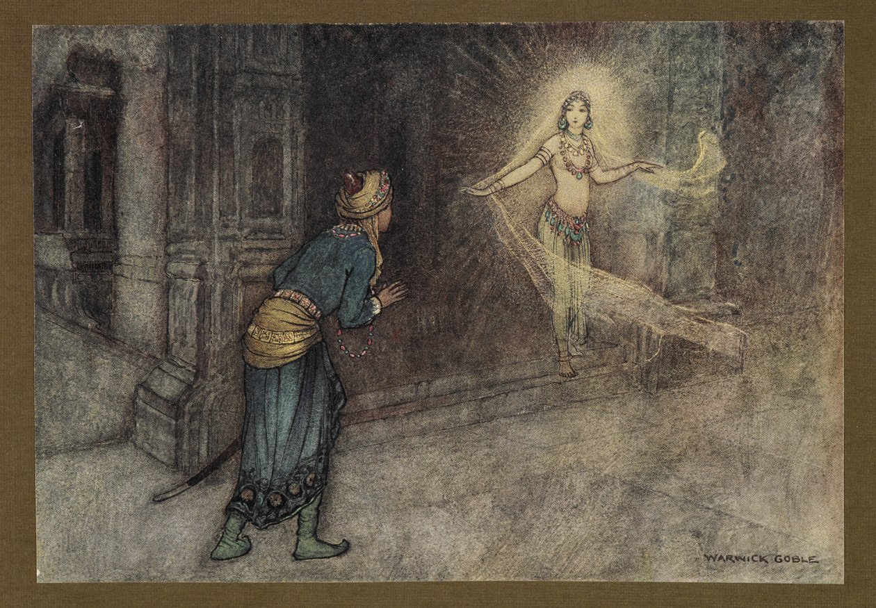 Plate 13: "He saw a beautiful woman coming out of the palace", from Folk-Tales of Bengal ... With 32 illustrations in colour by Warwick Goble (Edition de luxe.) 1914 (colour litho)   1352796   no       norwegian Successfully Translated  Original: Hagar in  av Warwick Goble