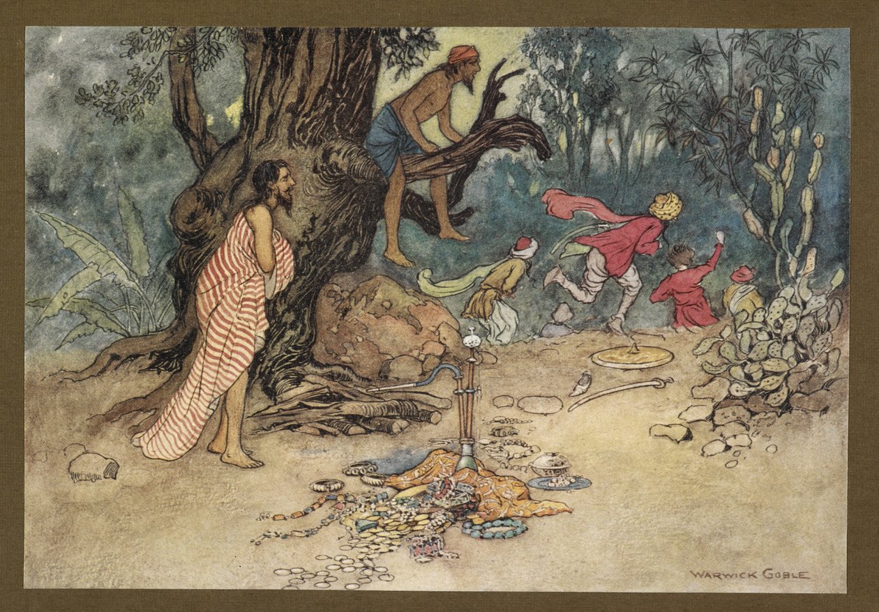Plate 15: "De stakk av i stor frykt og etterlot pengene og juvelene, fra "Folk-Tales of Bengal ... Med 32 illustrasjoner i farger av Warwick Goble (Edition de luxe) av Warwick Goble