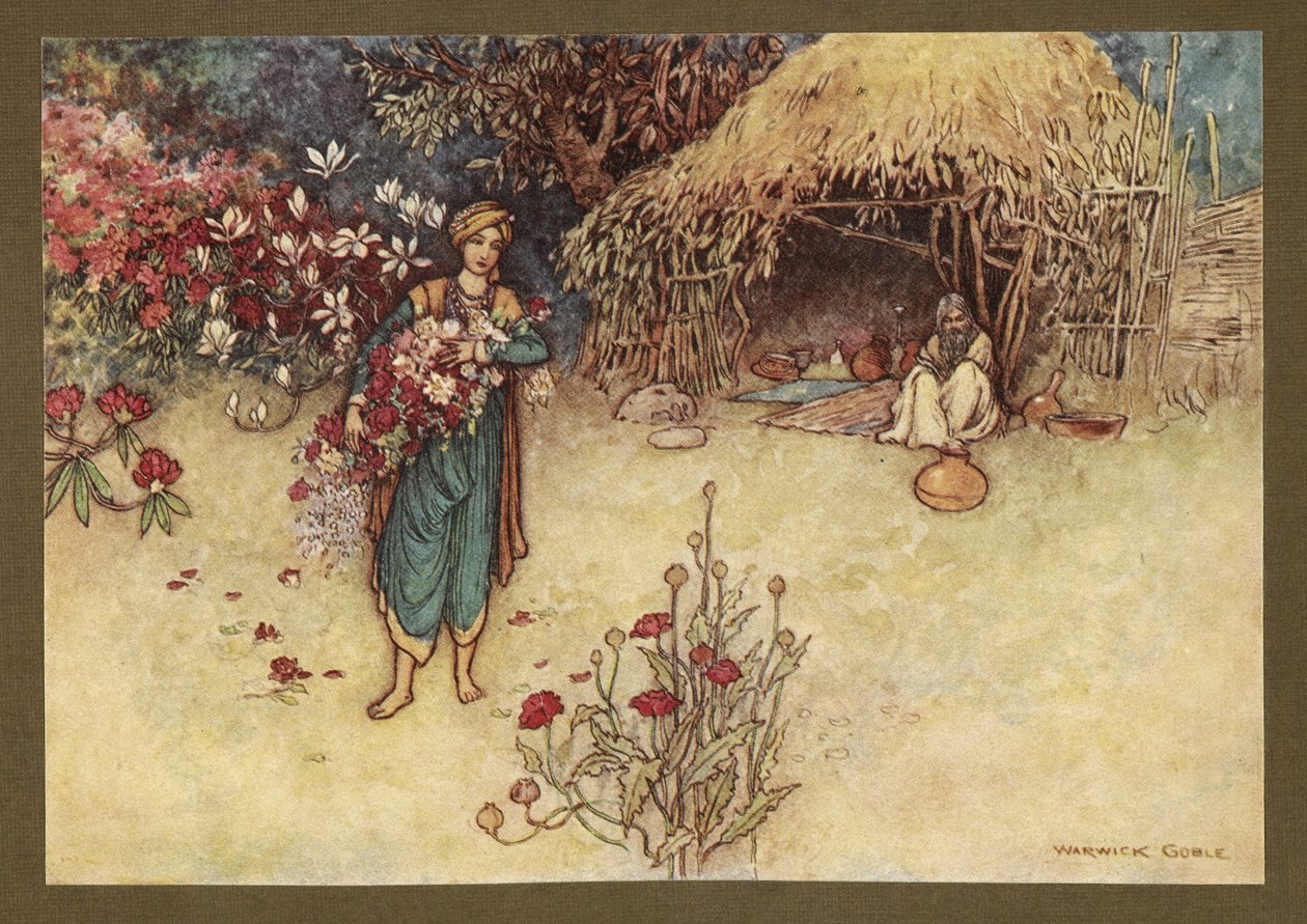 Plate 17: "At dawn he used to cull flowers in the first", fra Folk-Tales of Bengal ... Med 32 illustrasjoner i farger av Warwick Goble. (Edition de luxe.) av Warwick Goble