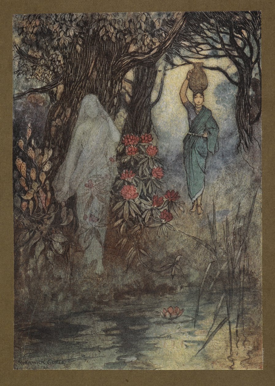 Plate 18: "Brahmanens kone hadde anledning til å gå til tanken, og mens hun gikk ble hun børstet av en Sankchinni", fra Folk-Tales of Bengal ... Med 32 illustrasjoner i farger av Warwick Goble. (Edition de luxe.) av Warwick Goble