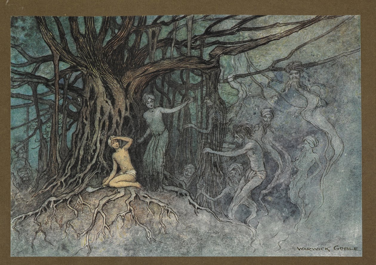 Plate 19: "I det øyeblikket det første slaget ble gitt, stormet mange spøkelser mot Brahman, fra "Folk-Tales of Bengal ... Med 32 illustrasjoner i farger av Warwick Goble (Edition de luxe.) av Warwick Goble