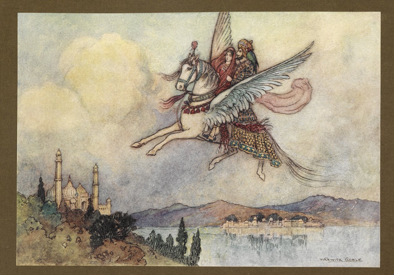 Plate 20: "Damen, kongen og hiramannen nådde alle kongens hovedstad i god behold", fra Folk-Tales of Bengal ... Med 32 illustrasjoner i farger av Warwick Goble (Edition de luxe.) av Warwick Goble