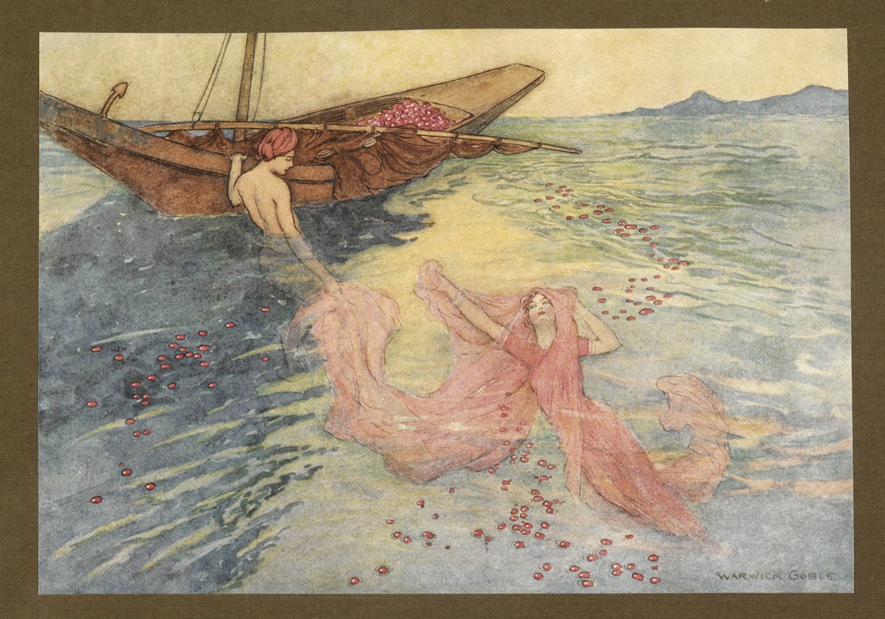 Plate 22: "Coming up to the surface they climbed into the boat", fra Folk-Tales of Bengal ... Med 32 illustrasjoner i farger av Warwick Goble (Edition de luxe.) av Warwick Goble