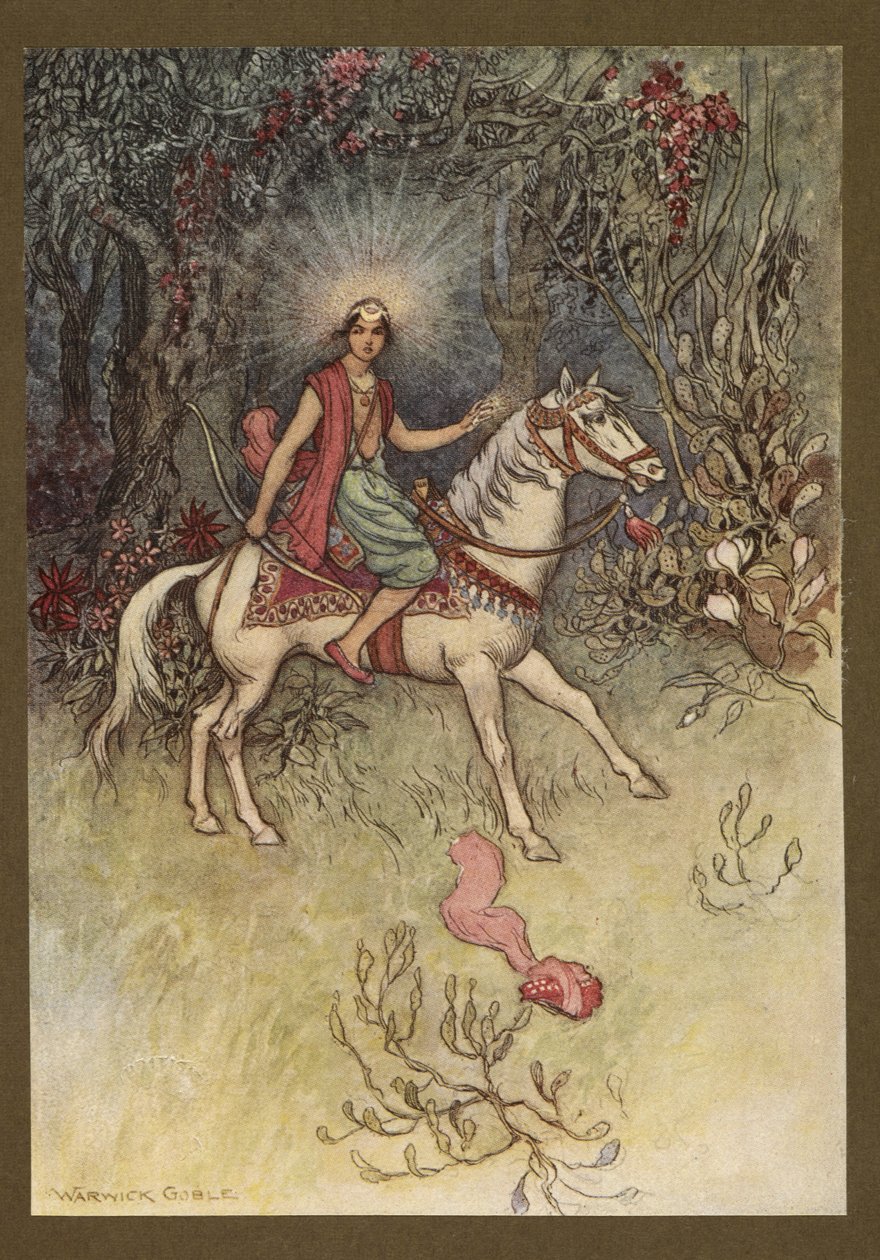 Plate 24: "A bright light, like that of the Moon, was see shining on his forehead", fra Folk-Tales of Bengal ... Med 32 illustrasjoner i farger av Warwick Goble (Edition de luxe) av Warwick Goble