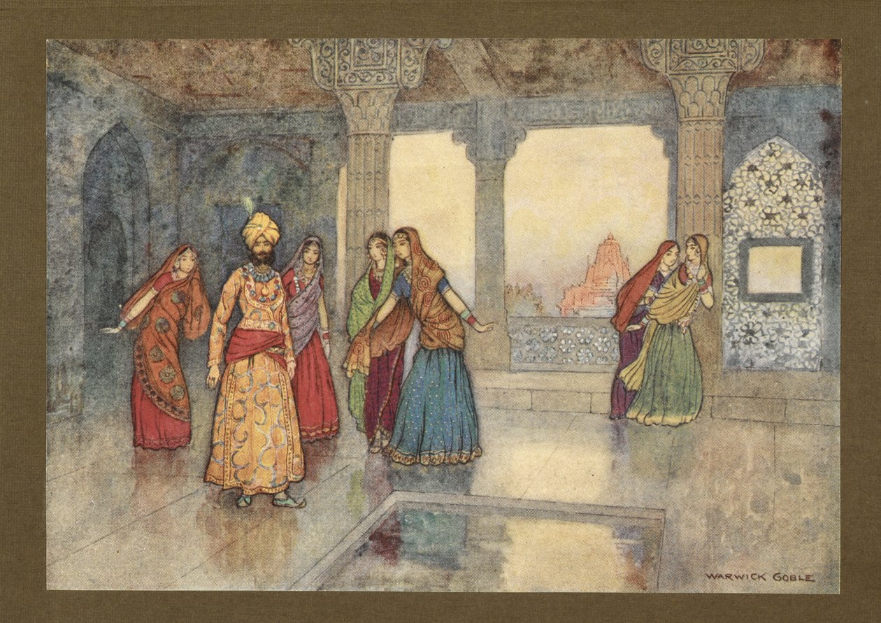 Plate 25: "The six queens tried to comfort him", fra Folk-Tales of Bengal ... Med 32 illustrasjoner i farger av Warwick Goble. (Edition de luxe.) 1914 (farge litho) av Warwick Goble