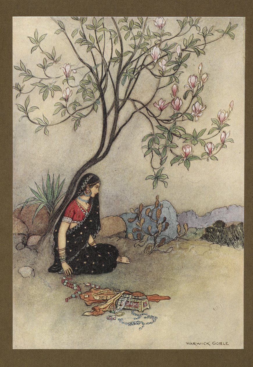 Plate 28: "Således ble prinsessen øde.", fra Folk-Tales of Bengal ... Med 32 illustrasjoner i farger av Warwick Goble. (Edition de luxe.) 1914 (farge litho) av Warwick Goble