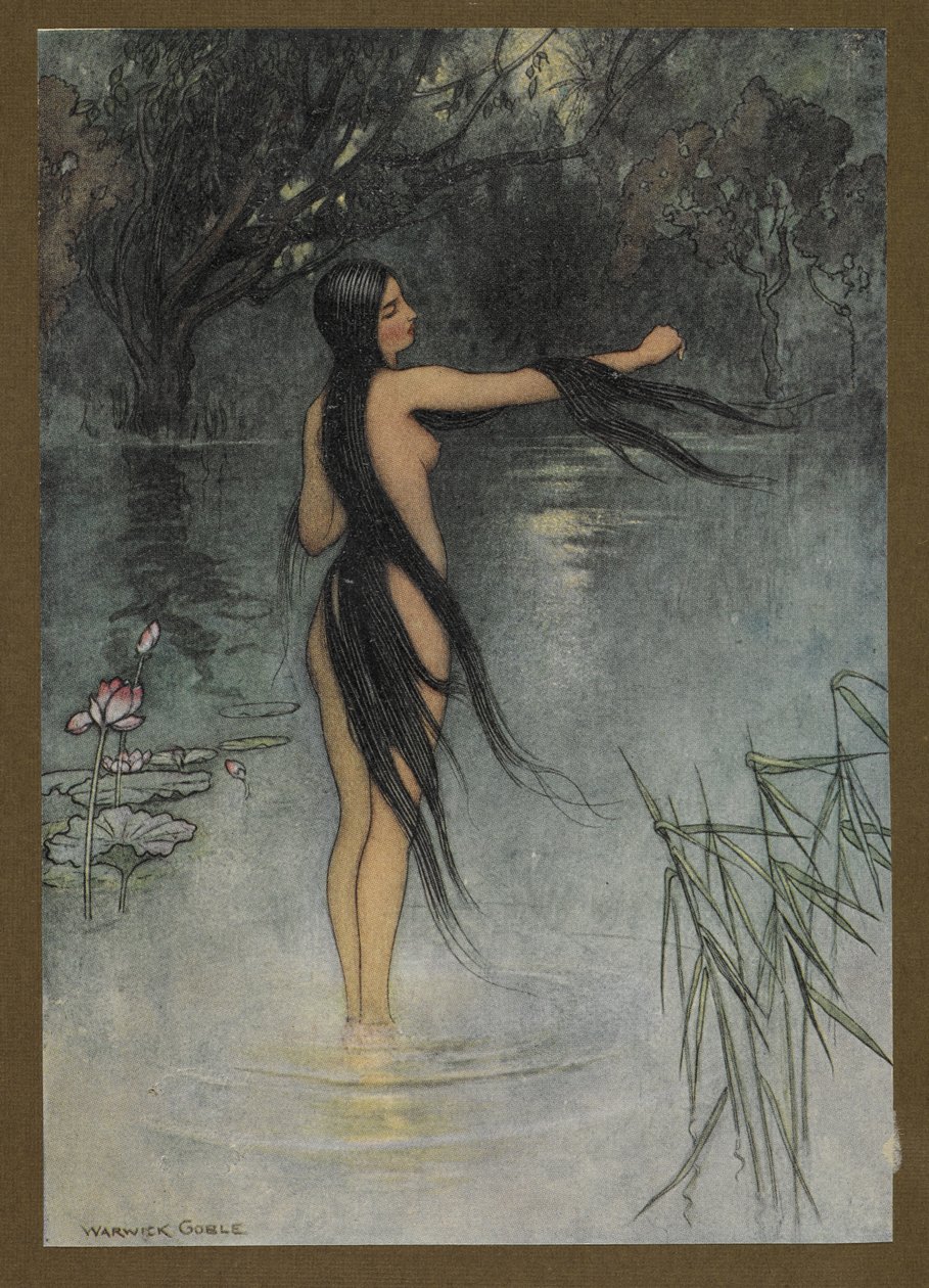 Plate 29: "Da hun kom opp av vannet, for en forandring ble det sett på henne!", fra Folk-Tales of Bengal ... Med 32 illustrasjoner i farger av Warwick Goble (Edition de luxe.). 1914 av Warwick Goble