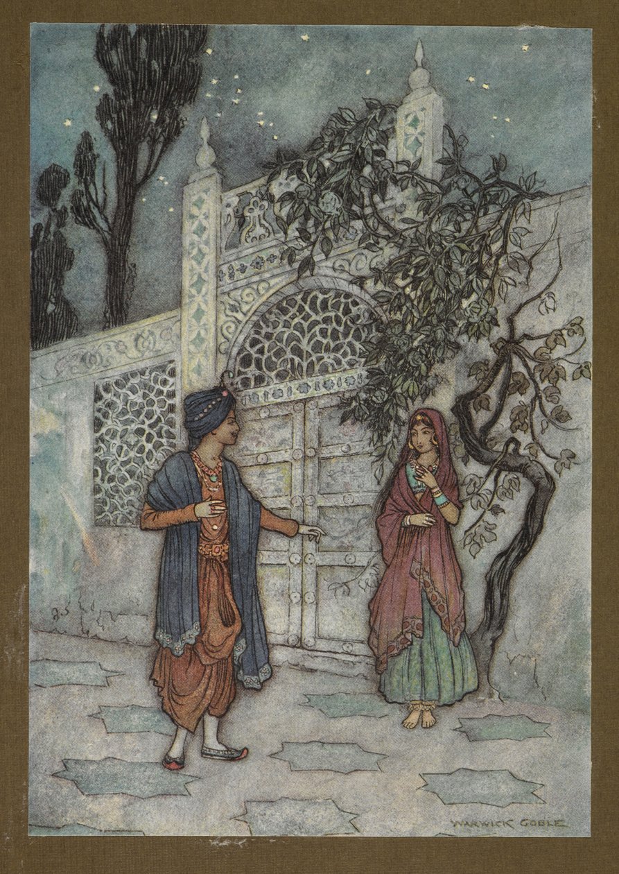 Plate 2: "Prinsen gjenopplivet, og, når han gikk rundt, så en menneskelig figur nær porten", fra Folk-Tales of Bengal... Med 32 illustrasjoner i farger av Warwick Goble av Warwick Goble
