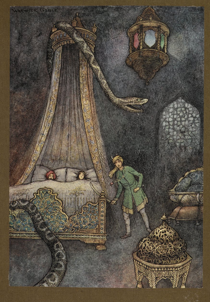 Plate 3: "He hashed out of his hiding-place and killed the serpent", fra Folk-Tales of Bengal ... Med 32 illustrasjoner i farger av Warwick Goble. (Edition de luxe) av Warwick Goble