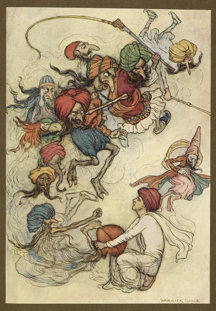 Plate 4: "I stedet for søtsaker om en snes demoner." Folk-Tales of Bengal ... Med 32 illustrasjoner i farger av Warwick Goble. (Edition de luxe.) av Warwick Goble