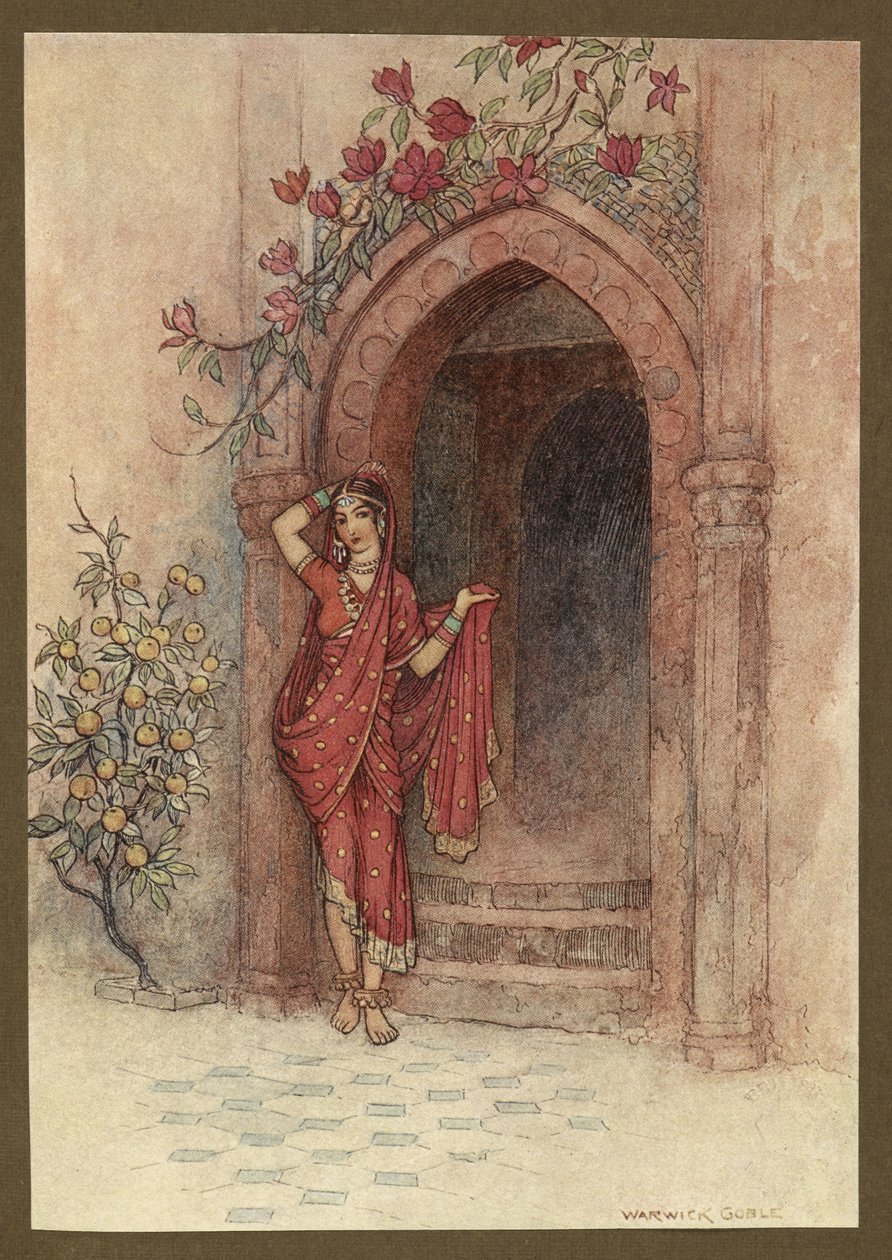 Plate 5: "At the door of which stod a lady of exquisite beauty", fra Folk-Tales of Bengal ... Med 32 illustrasjoner i farger av Warwick Goble. (Edition de luxe) av Warwick Goble