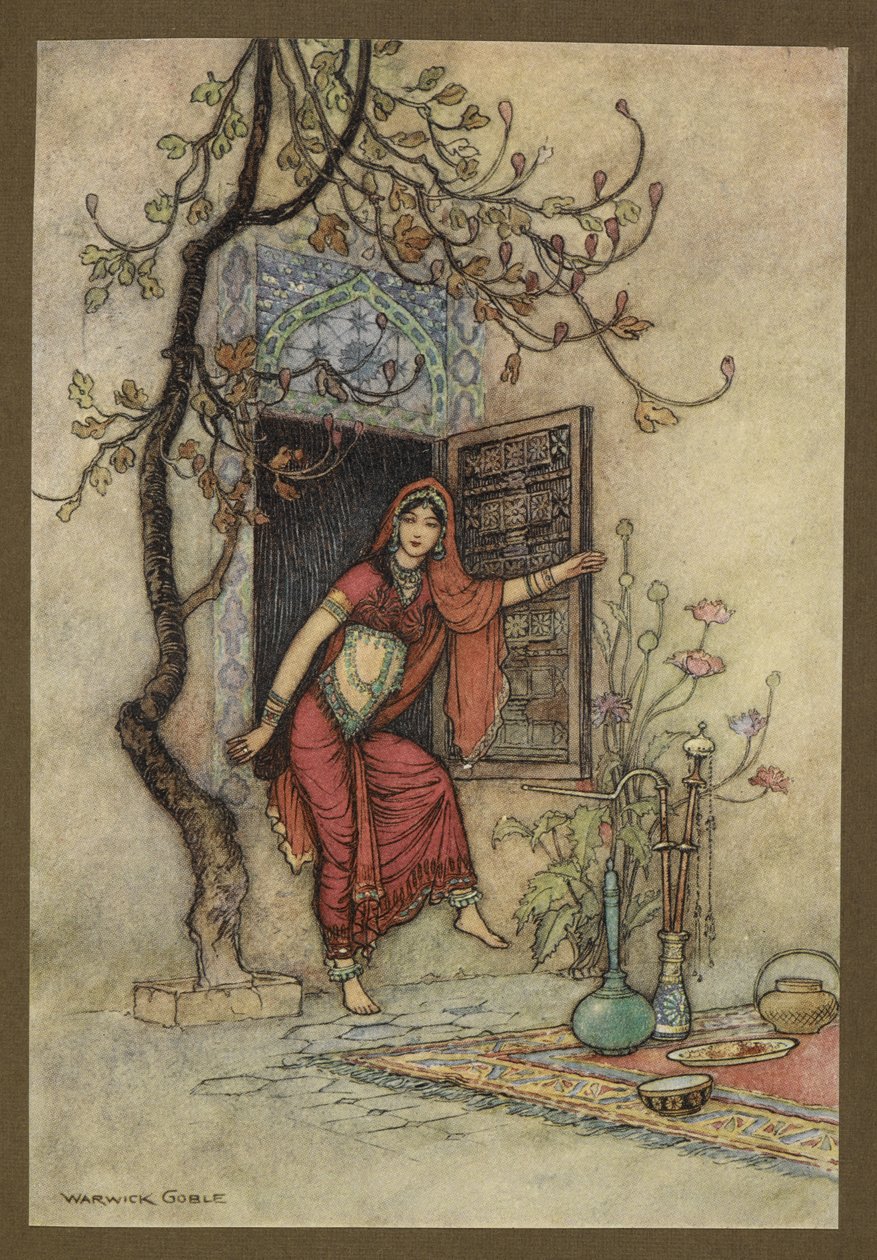 Plate 7: "The Girl of the Wall-Amirah." Folkehistorier om Bengal ... Med 32 illustrasjoner i farger av Warwick Goble (Edition de luxe) av Warwick Goble