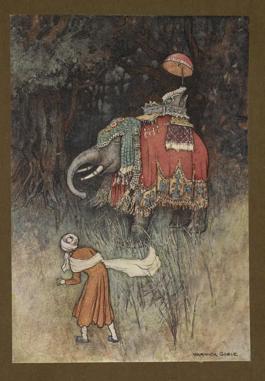 Plate 8: "On a sudden an elephant gorgeously caparisoned across his path", fra Folk-Tales of Bengal ... Med 32 illustrasjoner i farger av Warwick Goble (Edition de luxe) av Warwick Goble