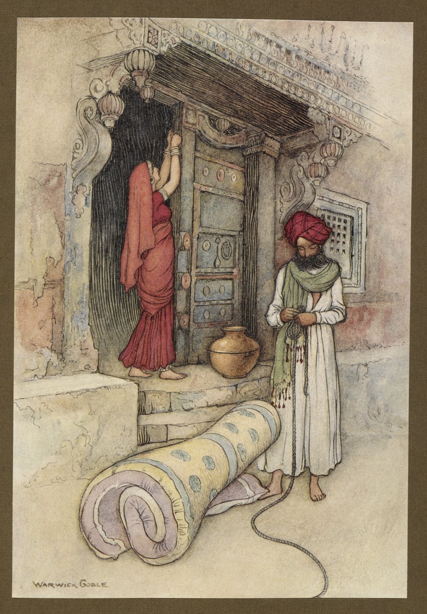 Plate 9: "They then set out on their journey", fra Folk-Tales of Bengal ... Med 32 illustrasjoner i farger av Warwick Goble. (Edition de luxe) av Warwick Goble
