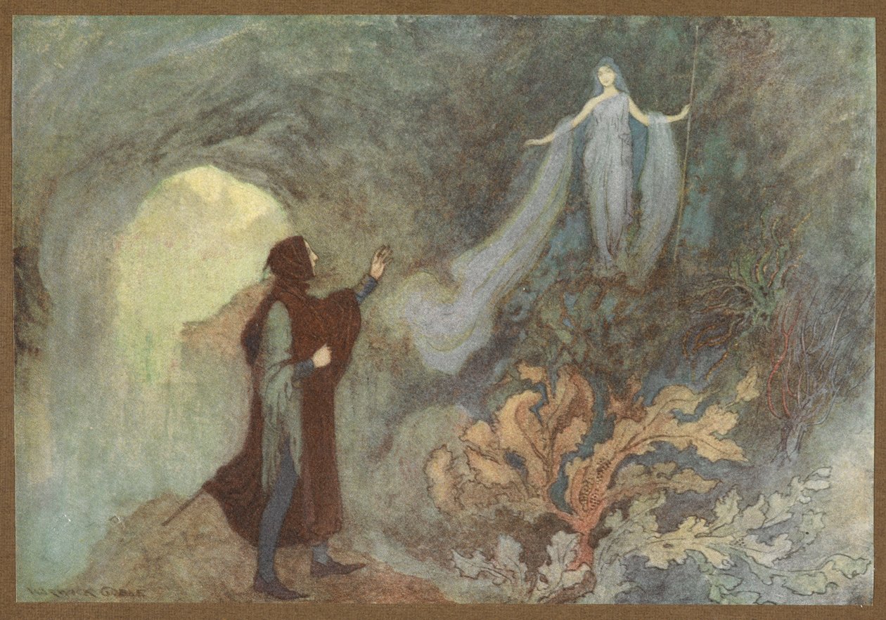 Feen som dukker opp for prinsen i grotten, fra Cenerentola. av Warwick Goble