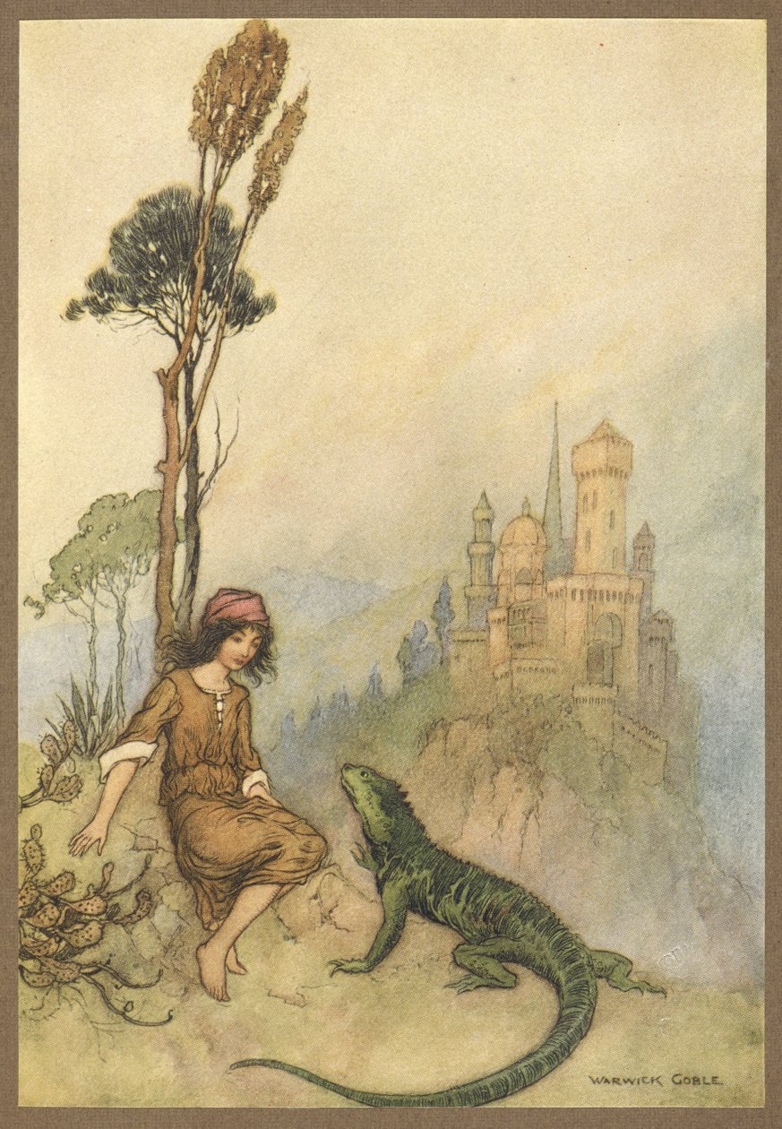 Lizard viser Goat-Face the Palace, fra Goat-Face. av Warwick Goble