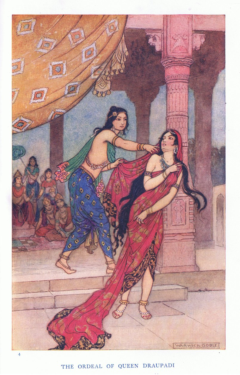 Prøvelsen til dronning Draupad (farge litho) av Warwick Goble