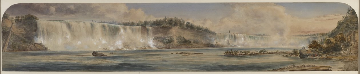 Omfattende utsikt over Niagara Falls fra under, ca. 1865 (wc på papir) av Washington F. Friend
