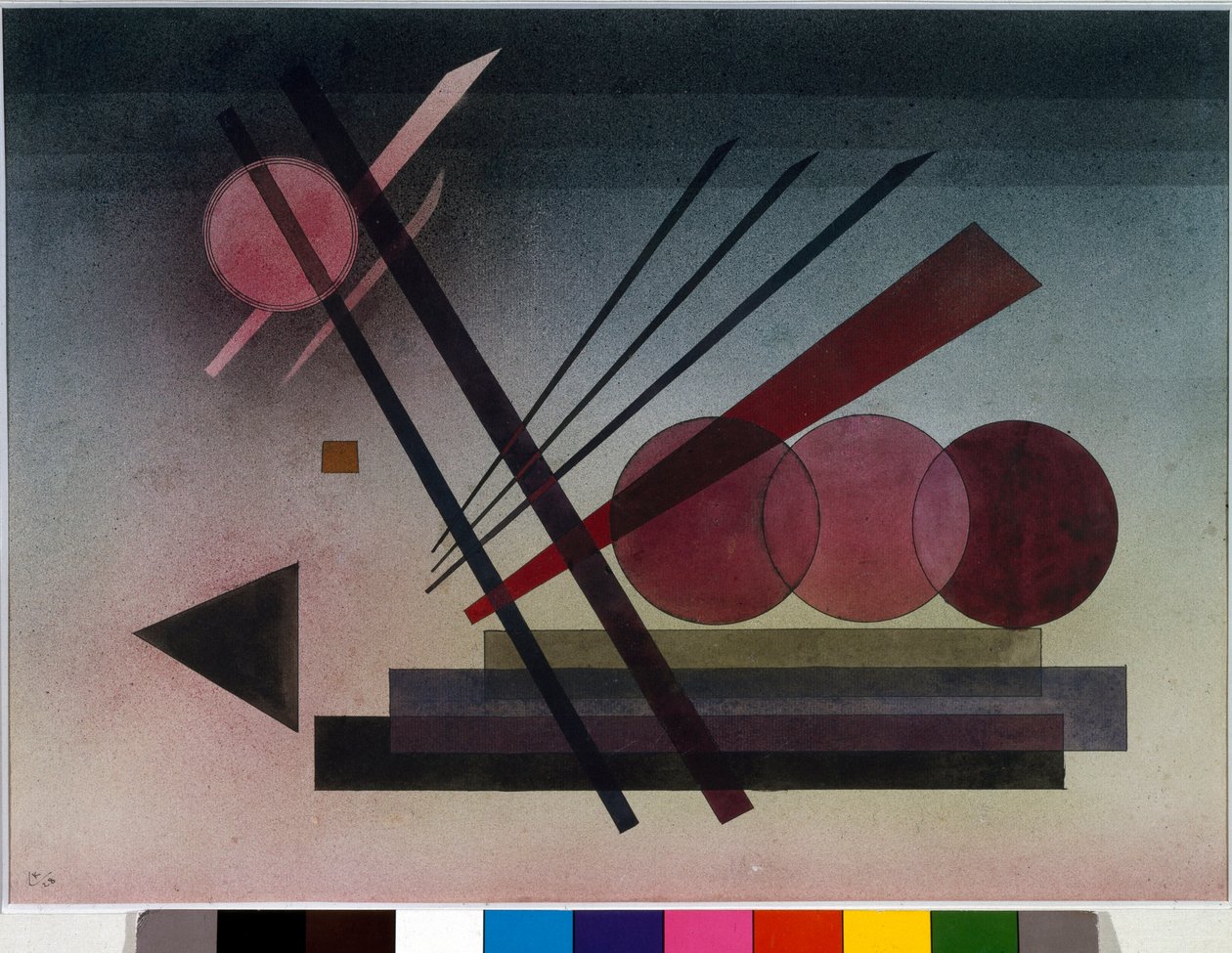 Ekspresjonisme: "" Schwebende Kraft""" (suspendert kraft) Akvarell av Vassily Kandinsky (eller Wassily Kandinski eller Kandinskij, 1866-1944). 1928 Søn. 34,5x47 cm Privat samling av Wassily Kandinsky