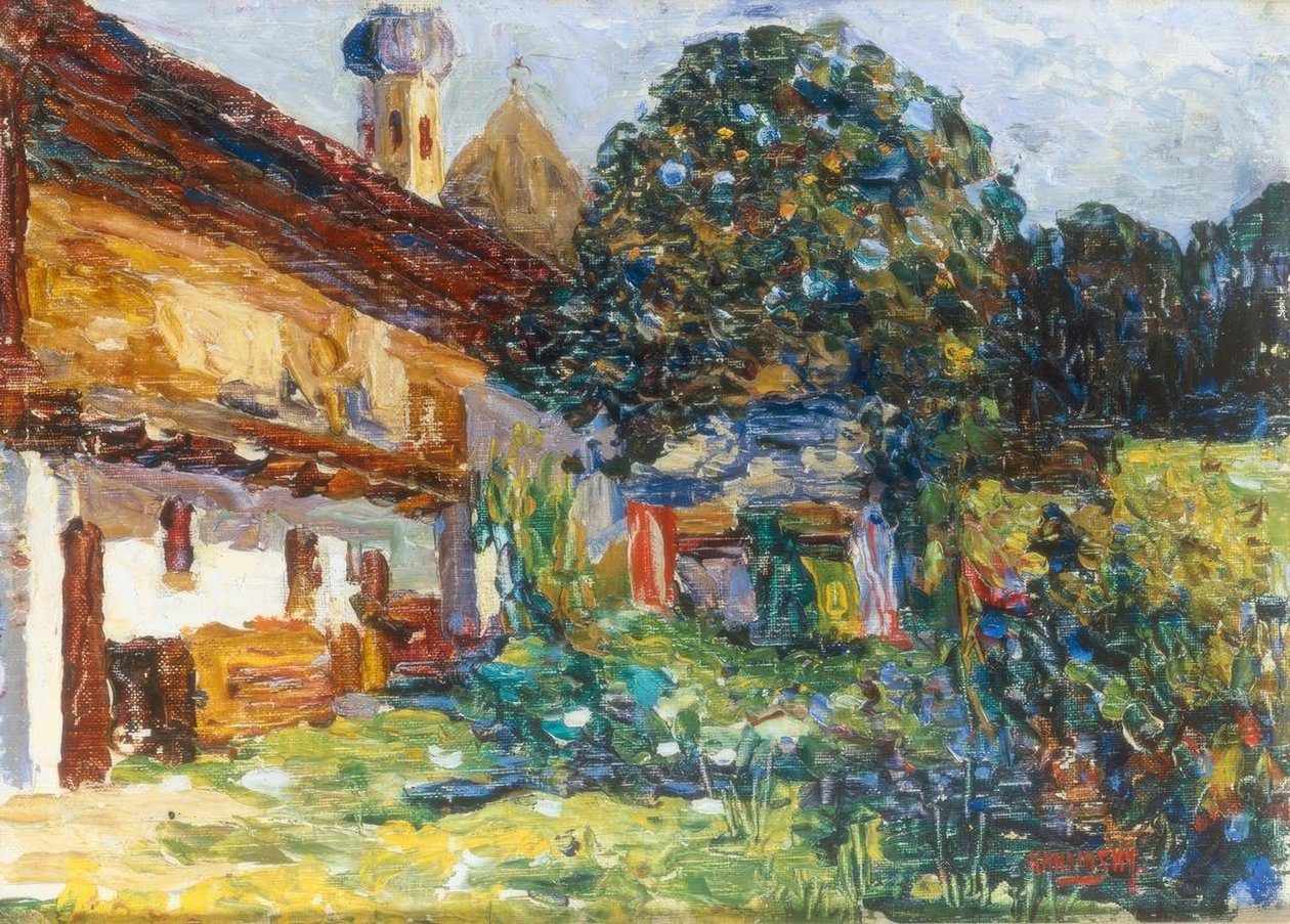 Kochel - våningshus med kirke av Wassily Kandinsky