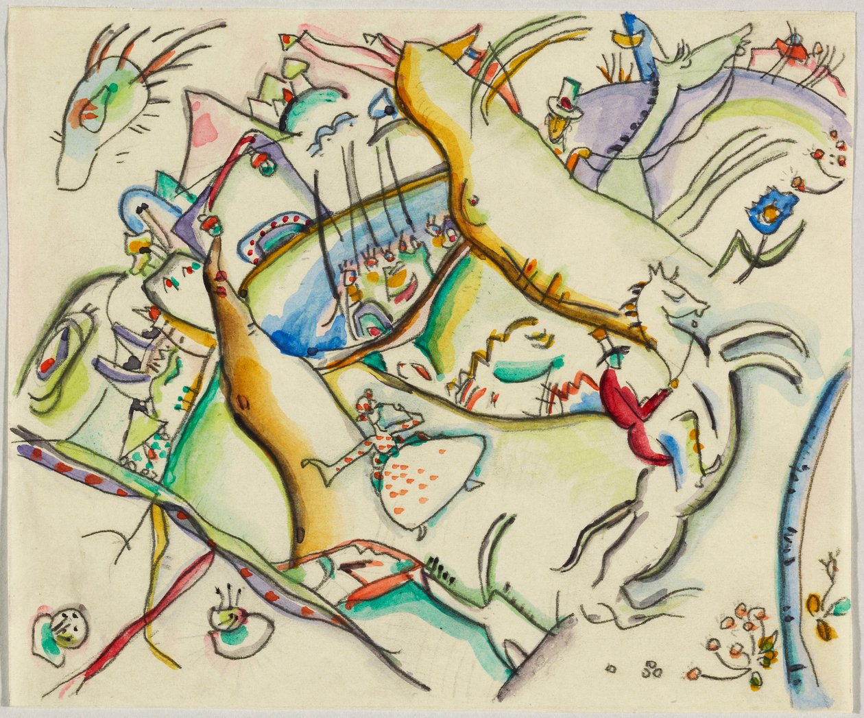 Akvarell til Radering III; Landskap med ryttere av Wassily Kandinsky