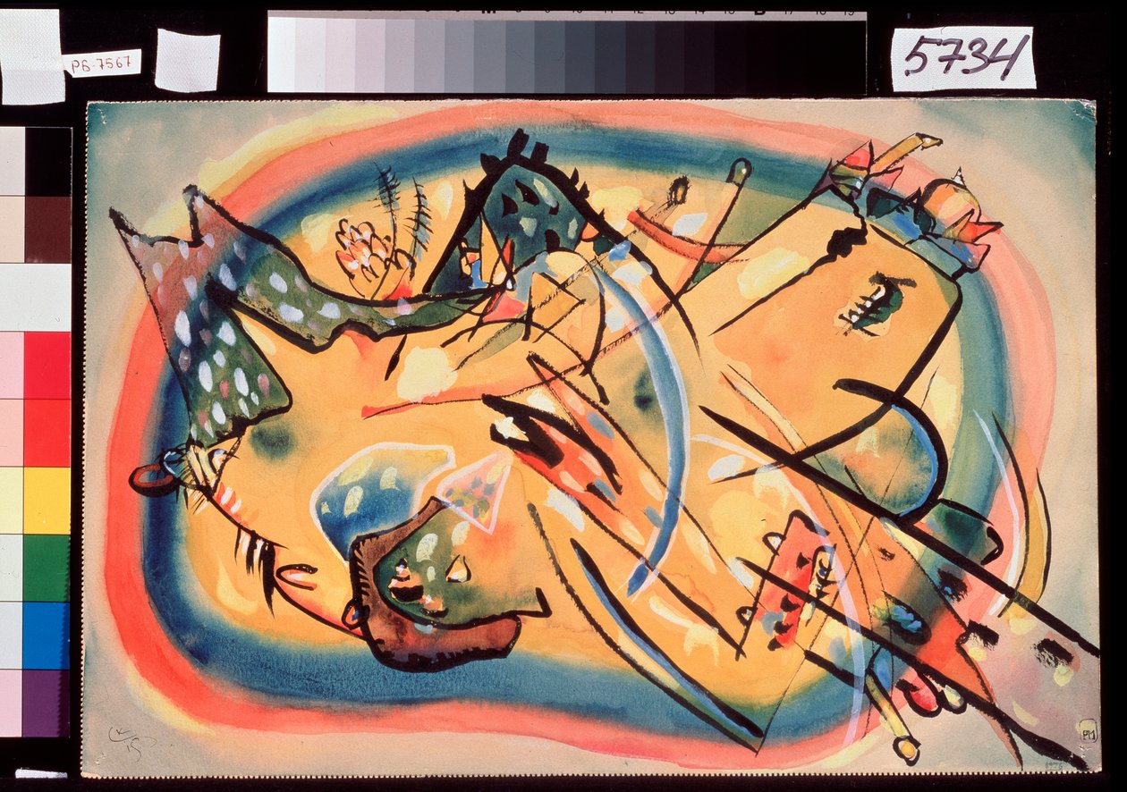 Composition, Paysage (Composition, Landscape) - Fargerik, ikke-representativ representasjon, der bygninger og fjell vises - Verk av Wassily Kandinsky (eller Wassily Kandinski eller Kandinskij av Wassily Kandinsky