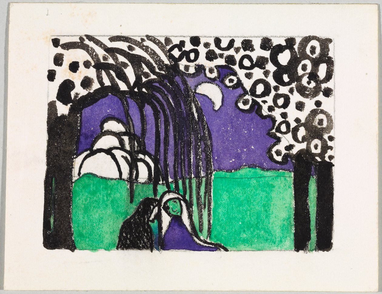 Utkast til fargetresnittet «To kvinner i månelandskap» av Wassily Kandinsky