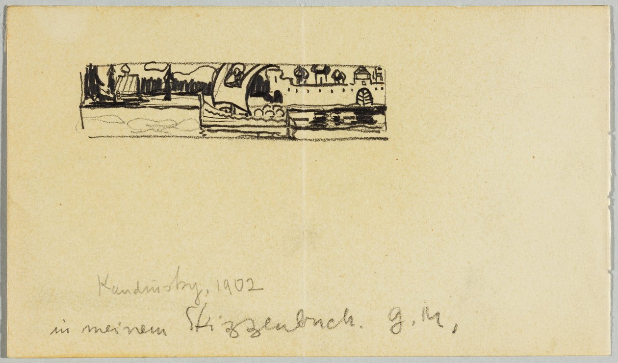 Elvelandskap med båt og bymurer av Wassily Kandinsky