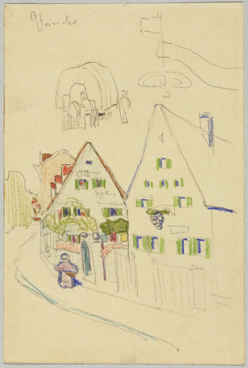 Alleé med gavlhus og overbygde vogner, verso: utsikt over et sted med en løkkuppelkirke av Wassily Kandinsky
