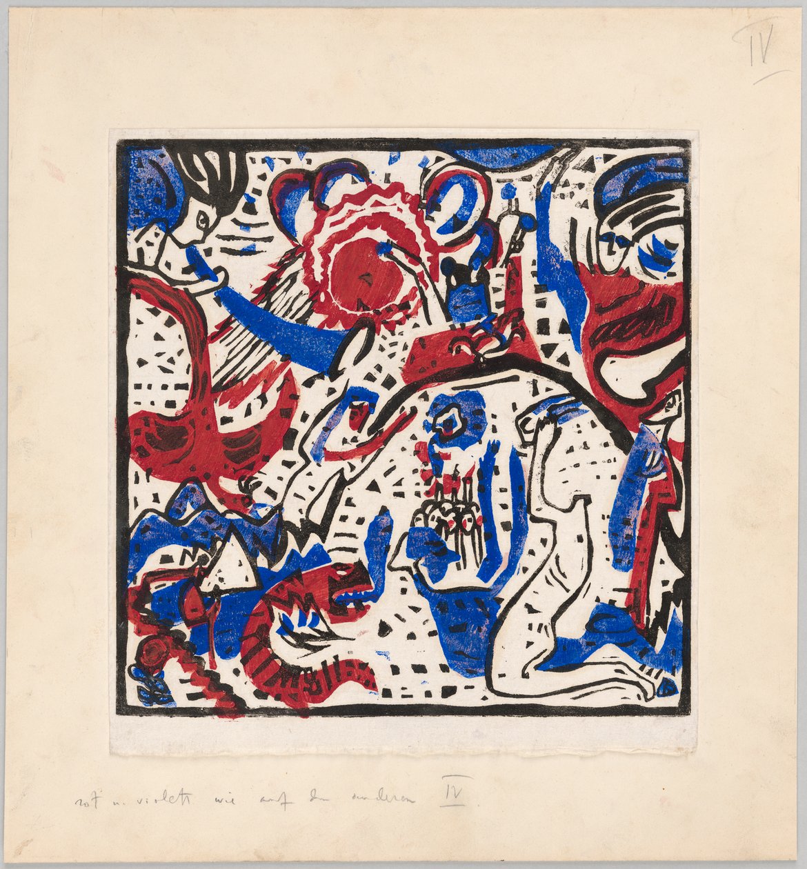 Holzschnitt nach dem Hinterglasbild "Große Auferstehung" (Probedruck mit Anweisungen für Kandinskys Buch "Klänge" (1912), S. 97) av Wassily Kandinsky