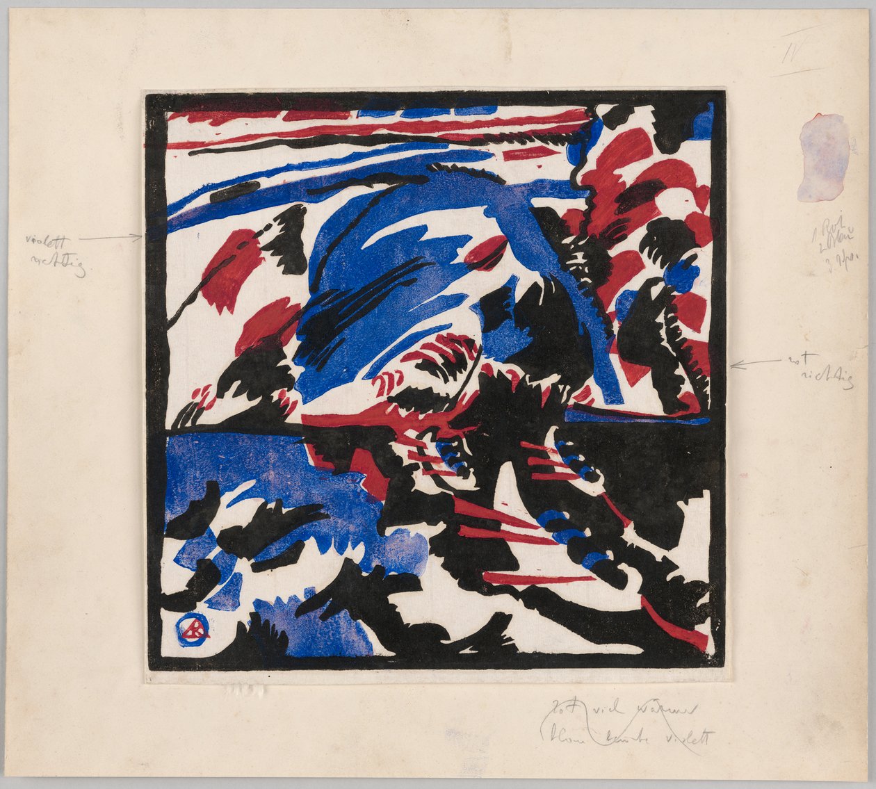 Holzschnitt zu dem Gemälde "Kahnfahrt" (Probedruck mit Anweisungen für Kandinskys Buch "Klänge" (1912), S. 49) av Wassily Kandinsky