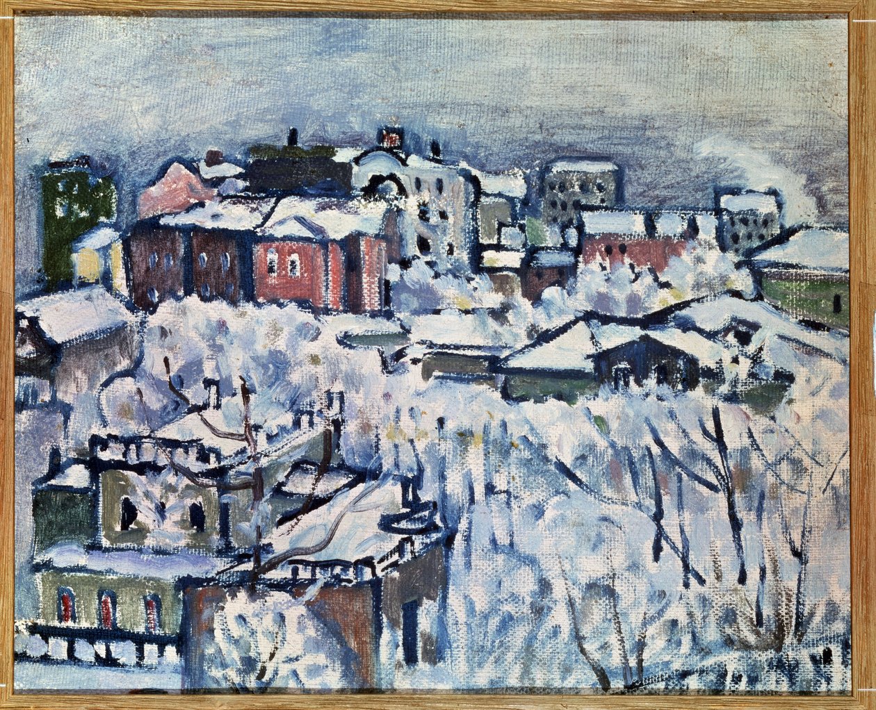 Vinterdag. Smolensky Boulevard (Moskva). (Vinterdagen. Smolensky Boulevard). Bylandskap, dekket med snø. Maleri av Wassily Kandinsky (eller Wassily Kandinski eller Kandinskij av Wassily Kandinsky