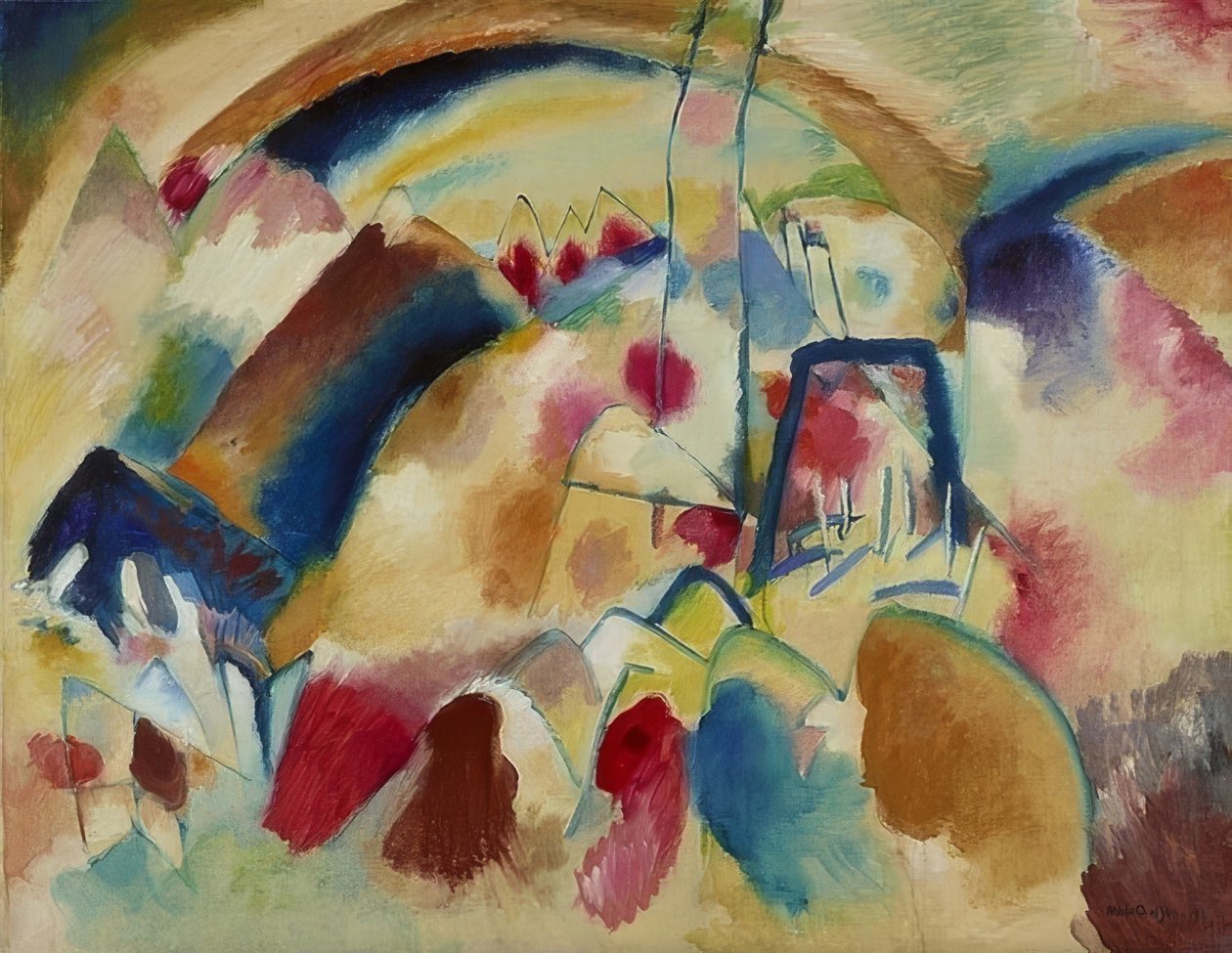 Landskap med kirke (landskap med røde flekker I). 1913 av Wassily Kandinsky
