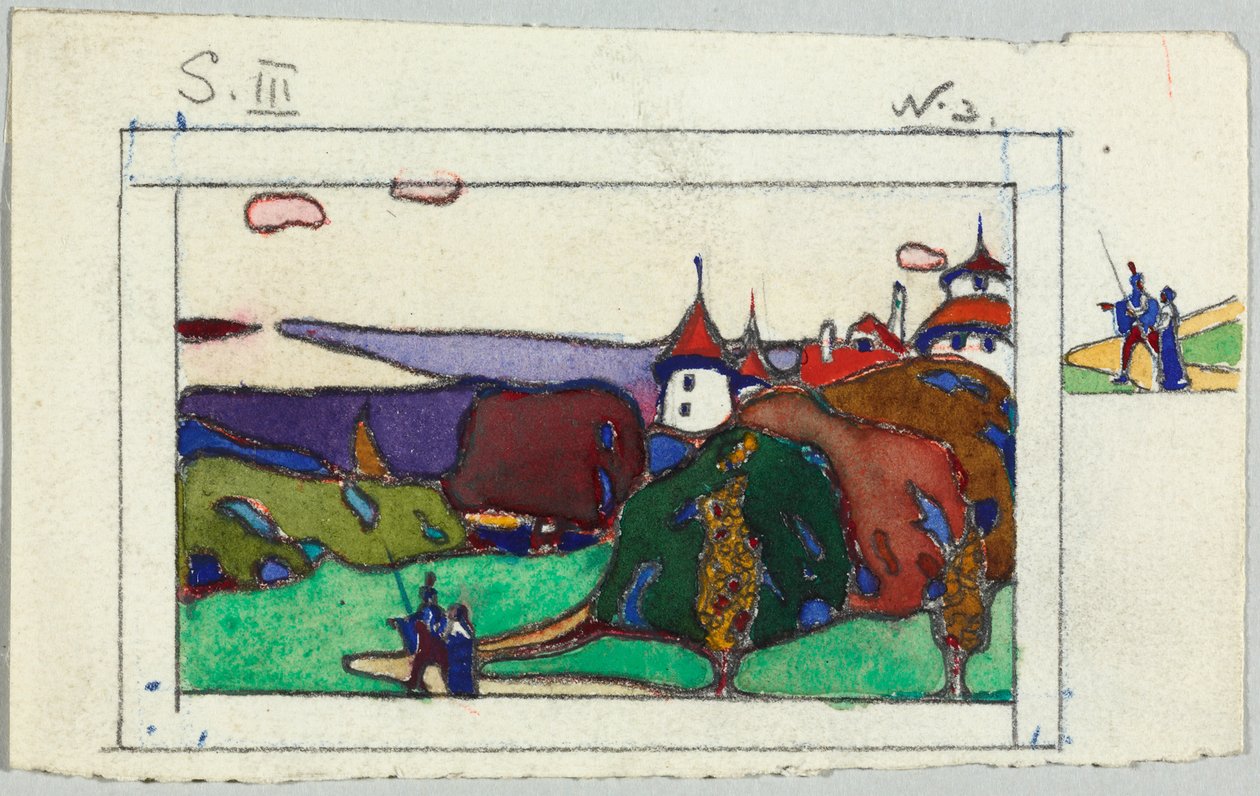 Landskap med et par i middelalderdrakt, verso: fragment av en rustningskledd ridder av Wassily Kandinsky