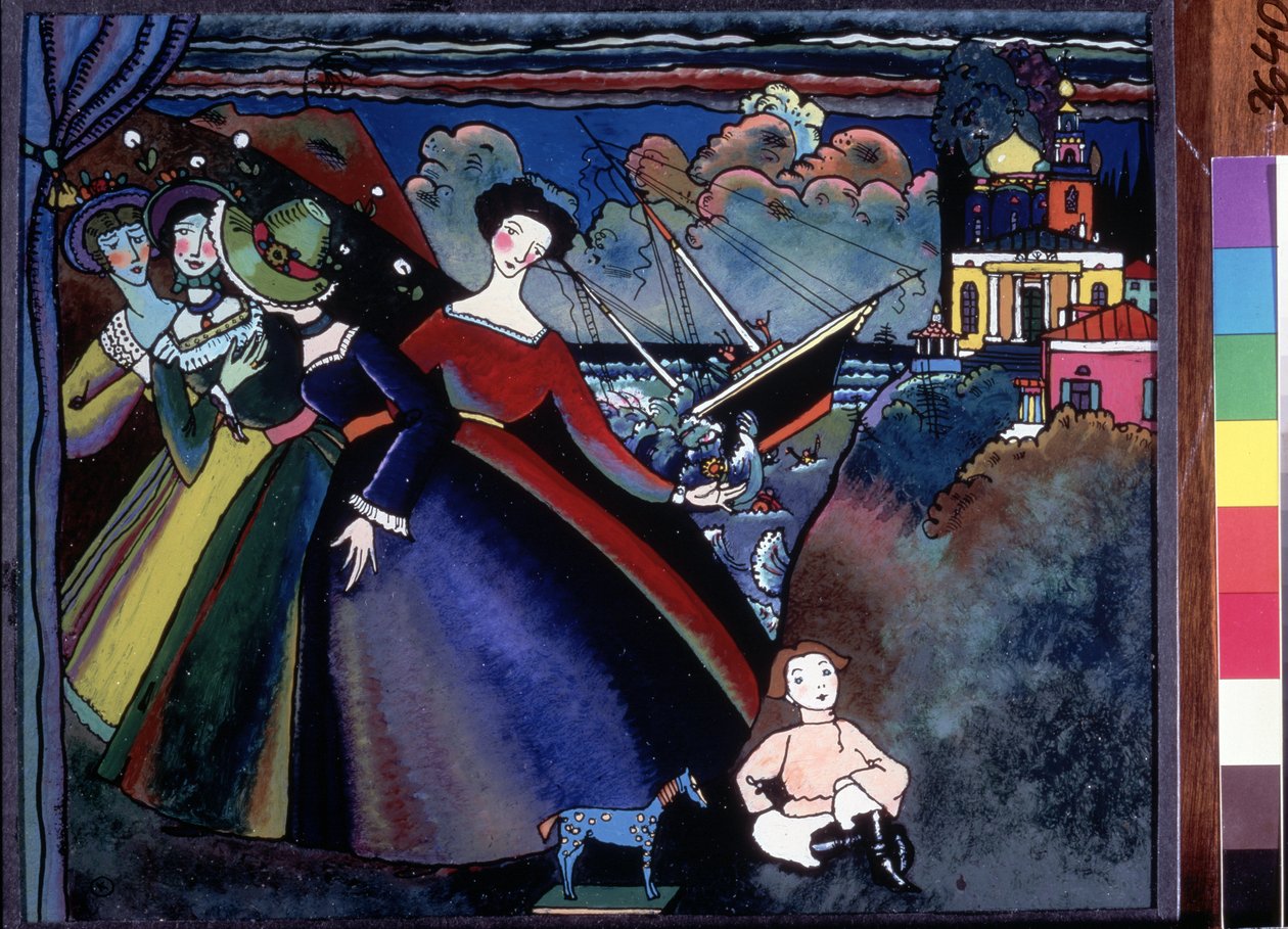 ""Skipet"" Unge kvinner ved kaien, i det fjerne ser det ut til at en båt synker. Maleri av Wassily Kandinsky (eller Wassily Kandinski eller Kandinskij av Wassily Kandinsky
