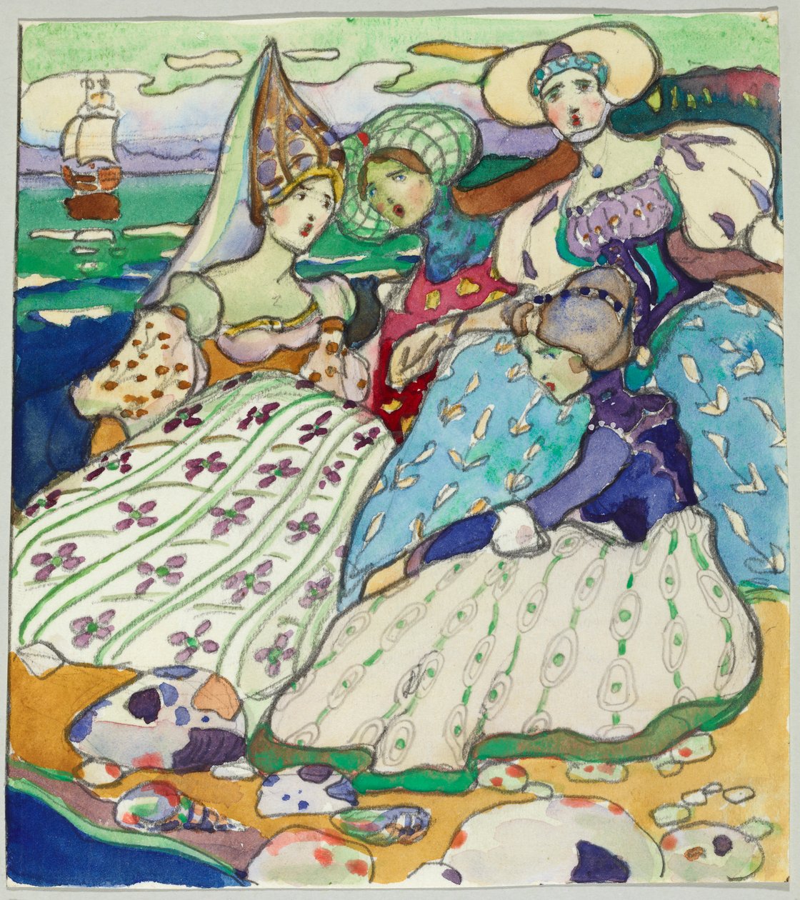 Jentegruppe på stranden av Wassily Kandinsky