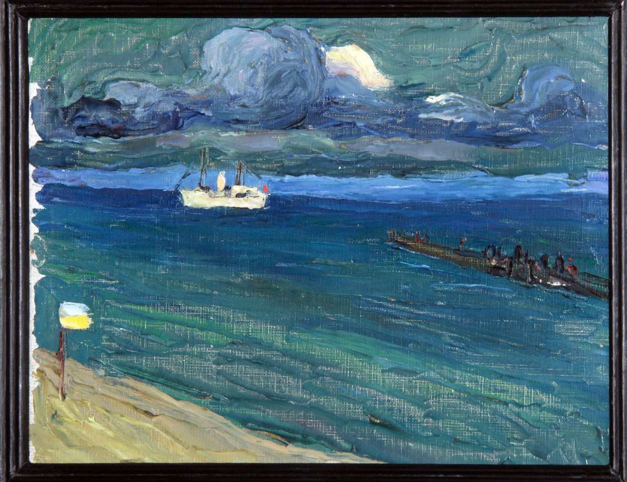 Rapallo (Italia). Landskap med en dampbåt. (Rapallo. Landskap med en dampbåt). Maleri av Wassily Kandinsky (eller Wassily Kandinski eller Kandinskij av Wassily Kandinsky