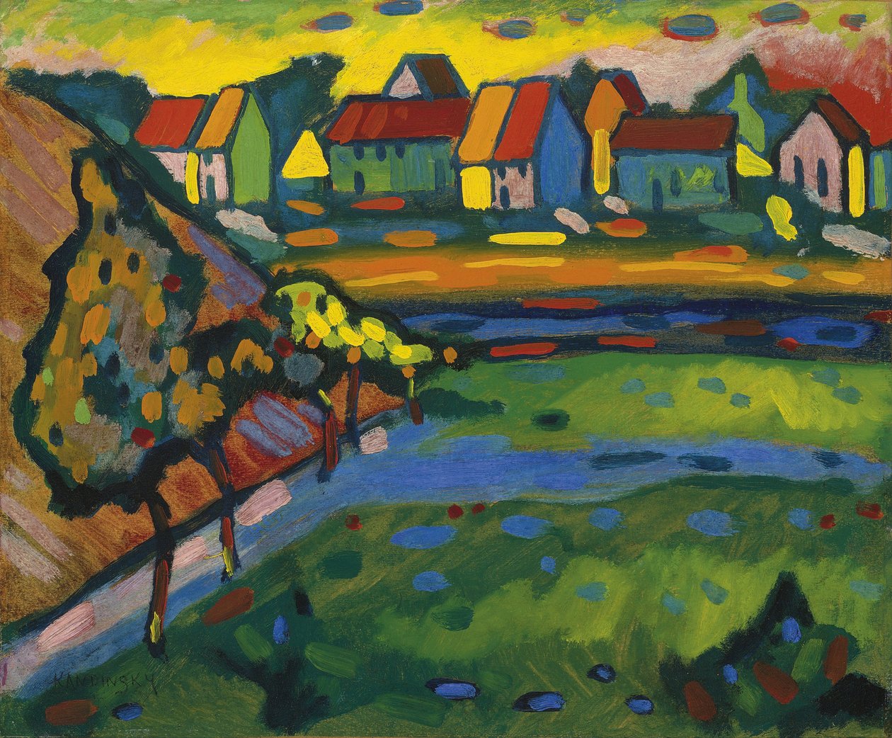 ""Village bavarois avec champs"" (bayersk landsby med et felt) Peinture de Vassily Kandinsky (ou Wassily Kandinski eller Kandinskij av Wassily Kandinsky
