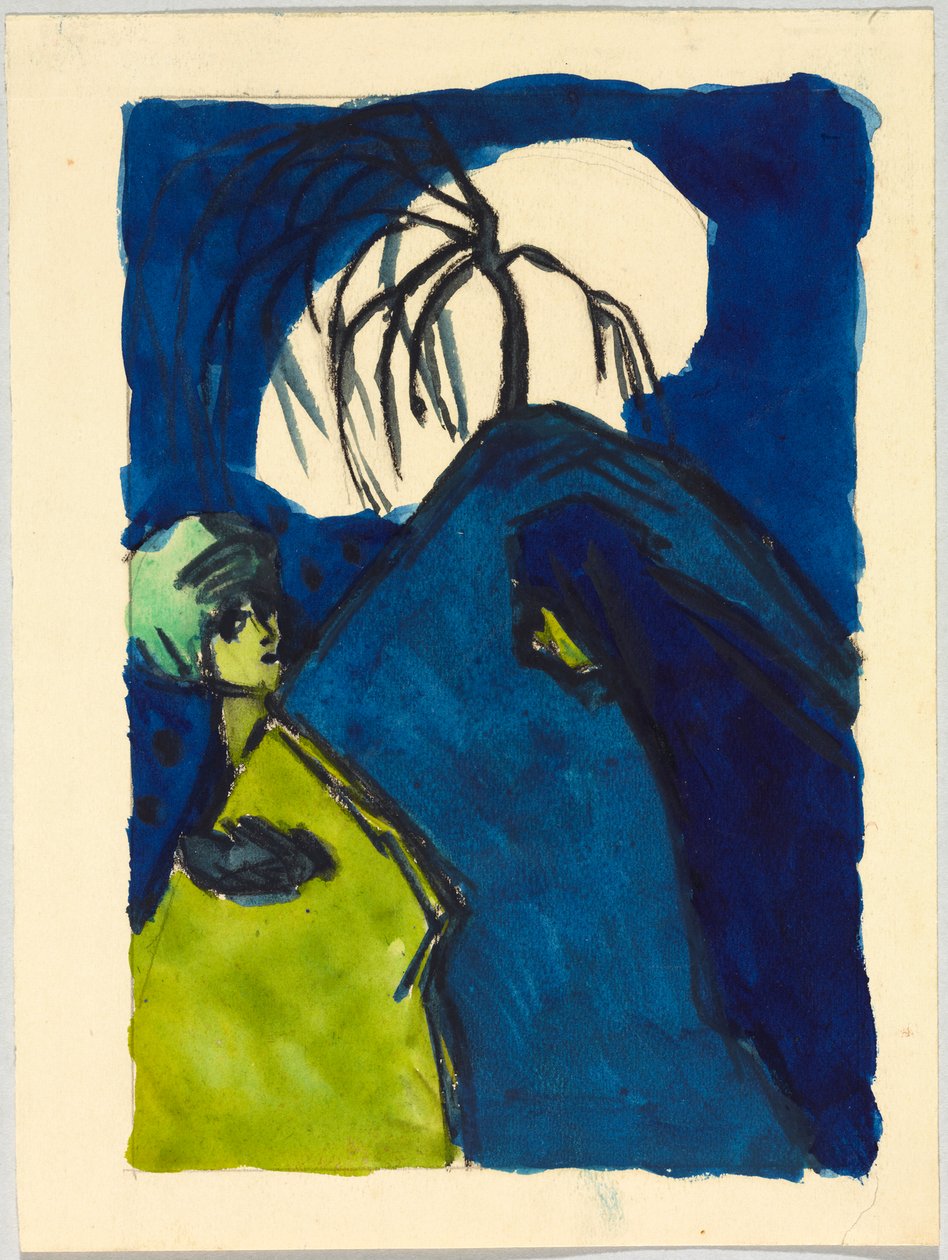 Zwei Gestalten vor Hügel mit Baum und weißer Wolke; Begegnung av Wassily Kandinsky