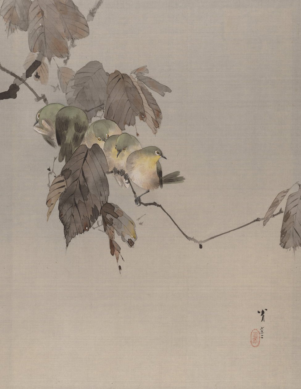 Fugler på en gren, ca. 1887. av Watanabe Seitei