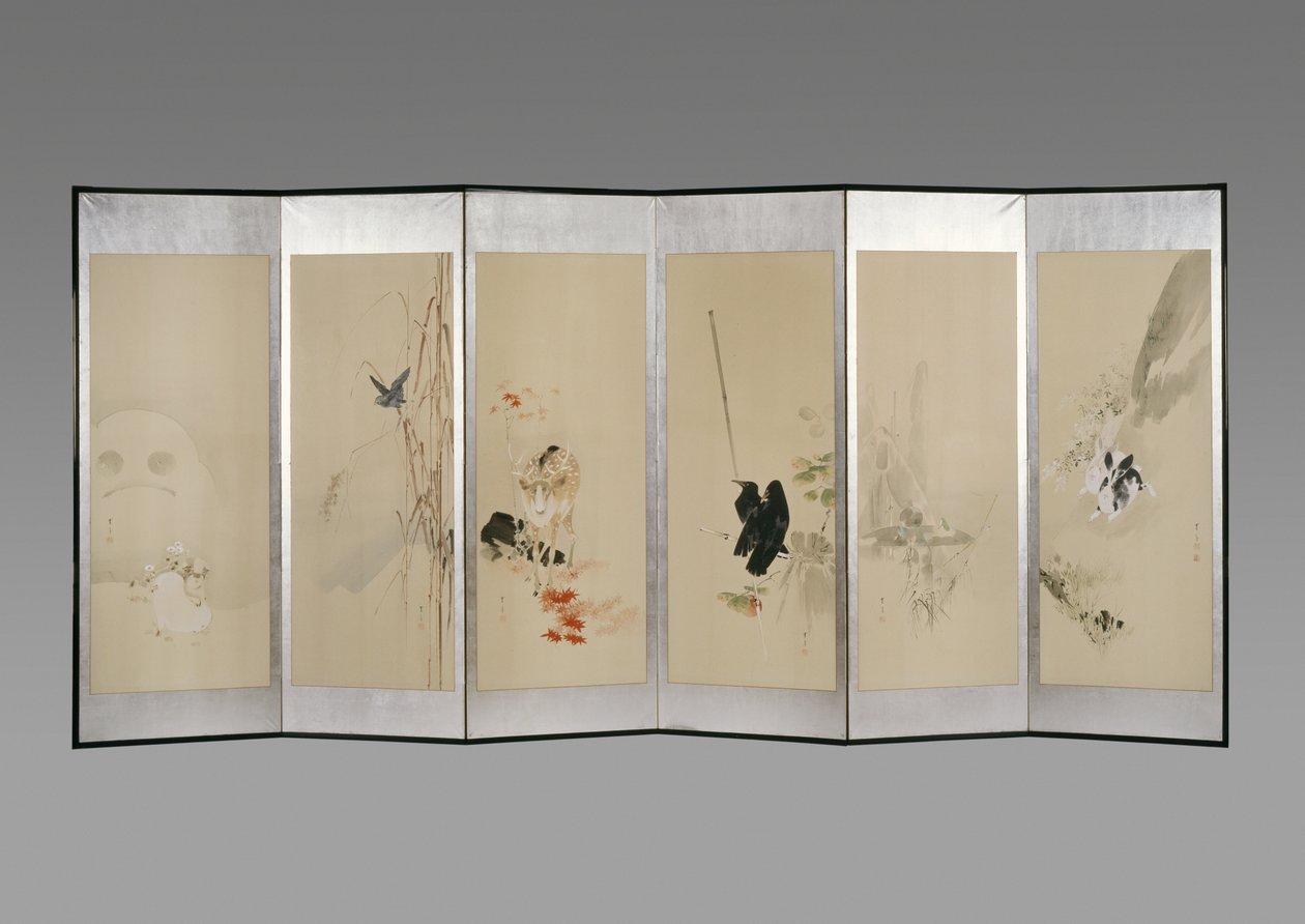 Sammenleggbar skjerm: Flowers of the Twelve Months, ca. 1900 (blekk og farge på papir) av Watanabe Seitei